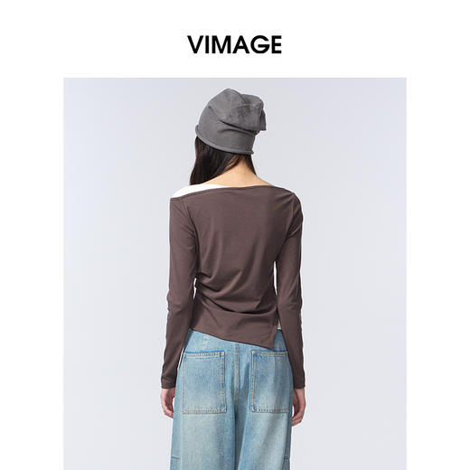 VIMAGE纬漫纪一字领休闲通勤简约T恤不对称长袖上衣2025秋季新款T恤V2402103 商品图4