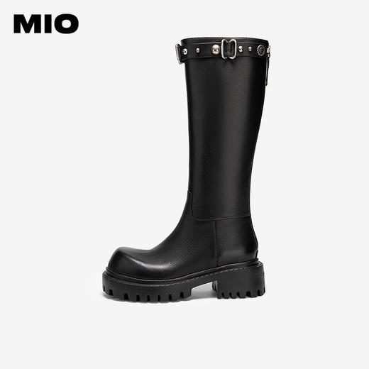 MIO米奥骑士靴圆头高跟黑色皮革扣带百搭长筒女靴M255852118 商品图1