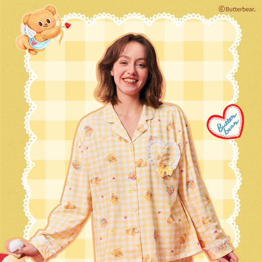 黄油小熊联名[瞌睡熊翻领开襟]睡衣套装撞色可爱温馨格纹柔软贴肤家居服 商品图1