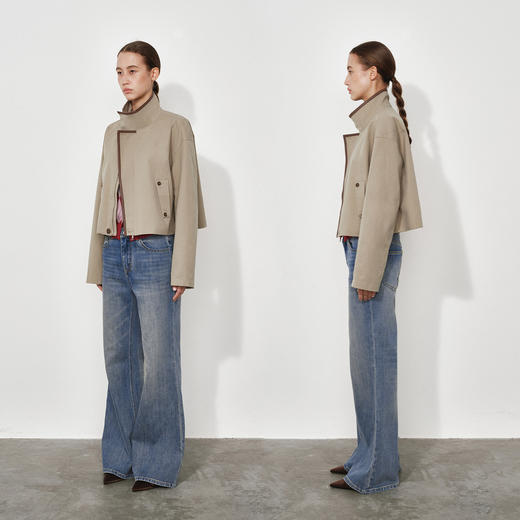 NUTH复古宽松立领拼皮长袖短款夹克外套女 卡其色 商品图4