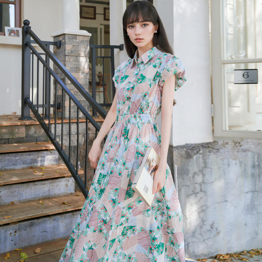 谜底花色连衣裙短袖2025秋季新款复古文艺花苞袖长裙子257ML7860 商品图1