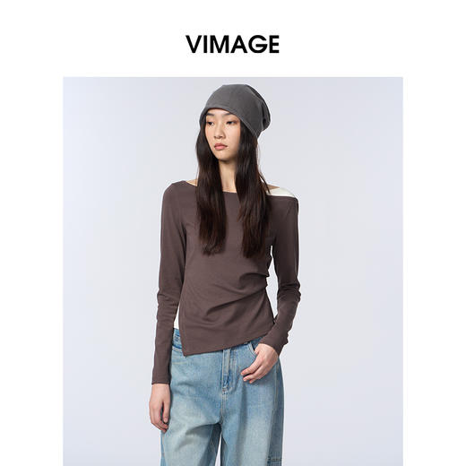 VIMAGE纬漫纪一字领休闲通勤简约T恤不对称长袖上衣2025秋季新款T恤V2402103 商品图3