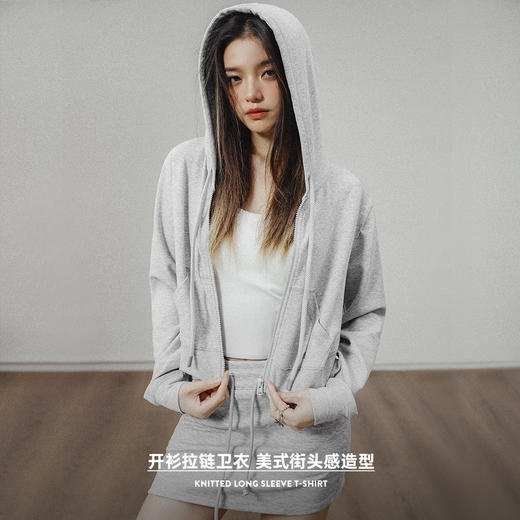 马登女装美式高腰短卫衣修身灰色连帽拉链卫衣开衫复古运动外套 商品图1
