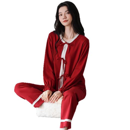 雀说 纯棉红色睡衣女春秋季长袖长裤家居服两件套 商品图4