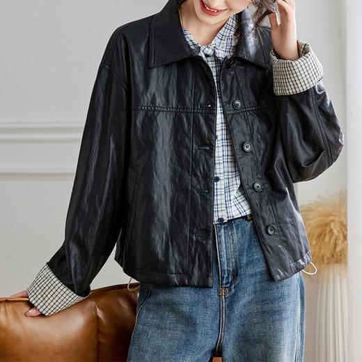 馥迦摩登通勤格子袖休闲翻领皮衣外套 商品图2