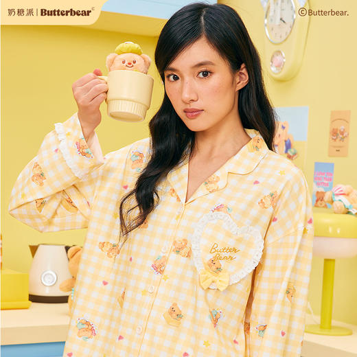 黄油小熊联名[瞌睡熊翻领开襟]睡衣套装撞色可爱温馨格纹柔软贴肤家居服 商品图0