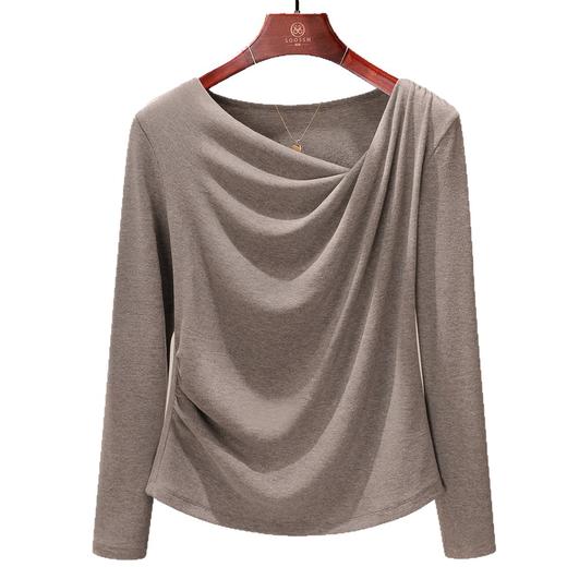 「自j」全新升级【铂金会员109/天猫149/差价40】(04402)洛诗琳气质长袖打底T恤2025秋季新款斜领抽褶设计百搭上衣 商品图3