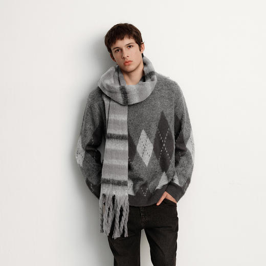 森马毛衫男冬季仿马海毛格纹提花针织衫2025新款复古学院风情侣装 商品图2