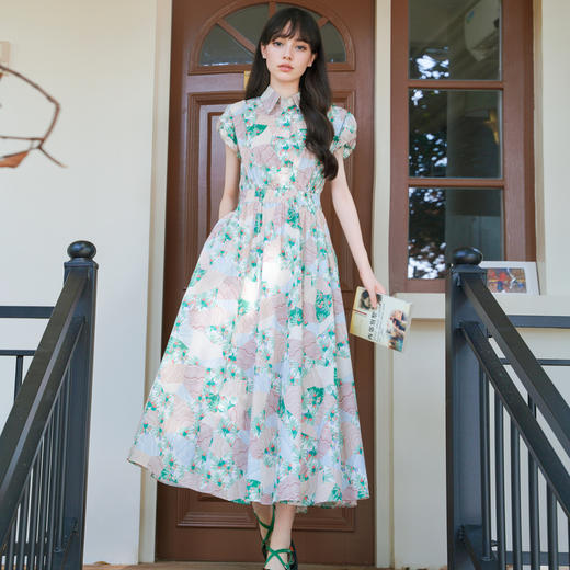谜底花色连衣裙短袖2025秋季新款复古文艺花苞袖长裙子257ML7860 商品图0