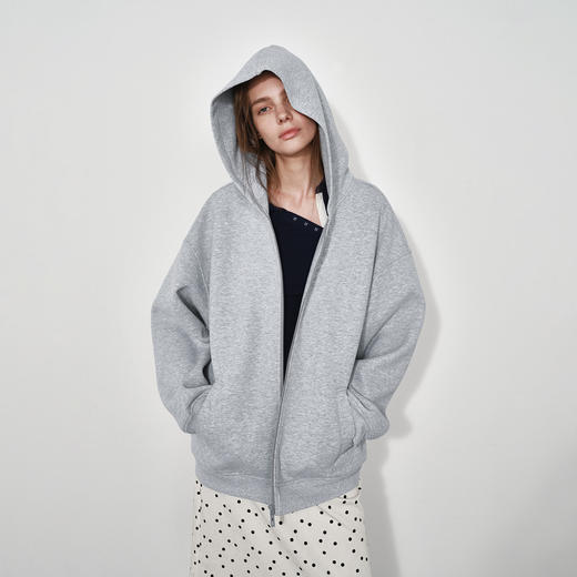 NUTH宽松廓形中长款连帽拉链卫衣外套女 藏蓝色/花灰色/深棕色 商品图3