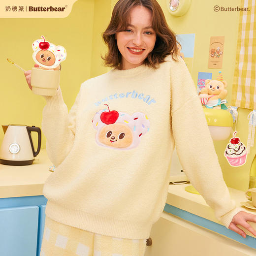 黄油小熊联名[樱桃熊套头套装]家居服套装可爱格纹半边绒保暖秋冬睡衣 商品图0