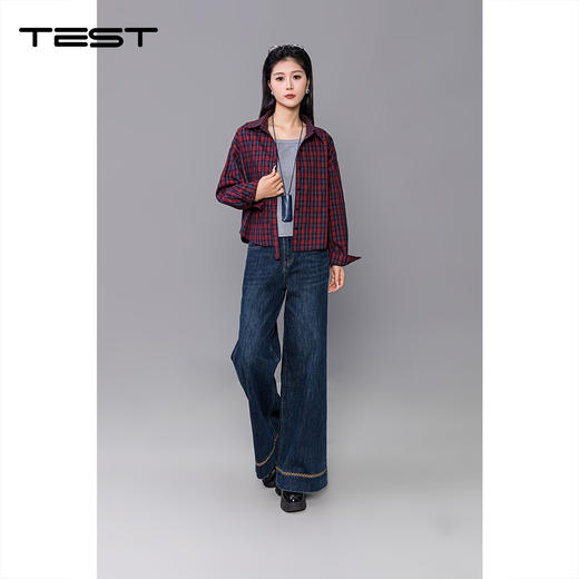 秋上新红黑格纹长袖宽松版型休闲衬衣1253099 商品图1