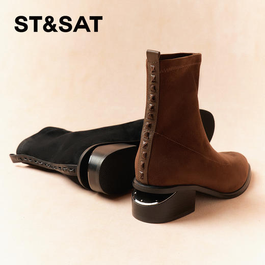 星期六质感绒面镂空粗跟弹力短靴SSD4116066 商品图6