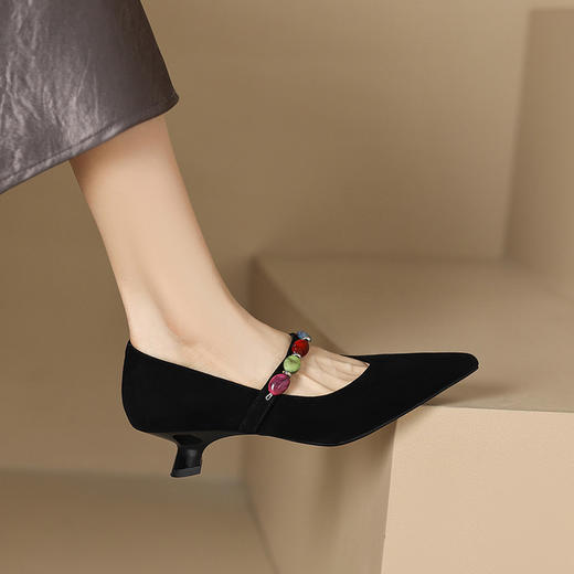 【预售5天】羊反皮法式晚风尖头浅口低跟玛丽珍单鞋v口女秋季新款真皮瓢鞋YS&0358 商品图2