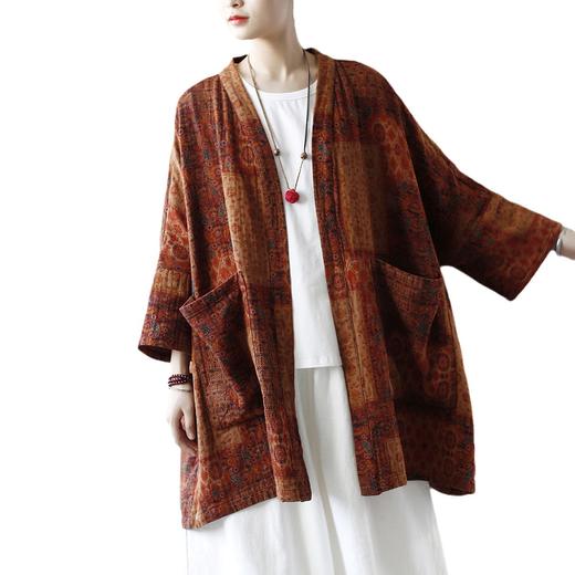 百媚生 复古宽松民族风印花披肩九分袖女装中长款外披02399 商品图4