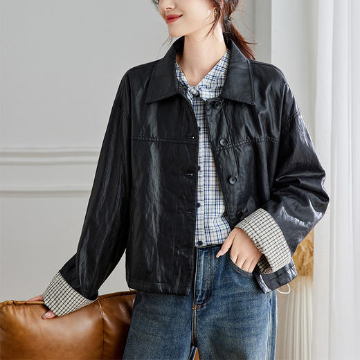 馥迦摩登通勤格子袖休闲翻领皮衣外套 商品图4