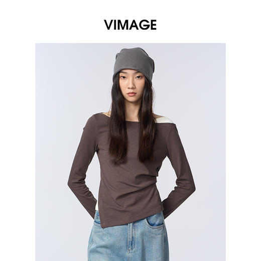 VIMAGE纬漫纪一字领休闲通勤简约T恤不对称长袖上衣2025秋季新款T恤V2402103 商品图2