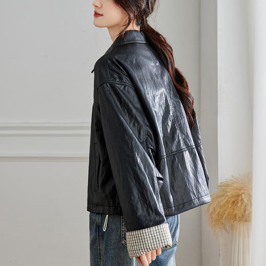 馥迦摩登通勤格子袖休闲翻领皮衣外套 商品图6