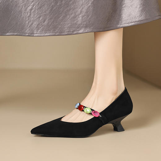 【预售5天】羊反皮法式晚风尖头浅口低跟玛丽珍单鞋v口女秋季新款真皮瓢鞋YS&0358 商品图3