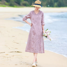 丁摩 纯棉原创重工刺绣V领连衣裙七分袖文艺复古宽松中长A字裙S505