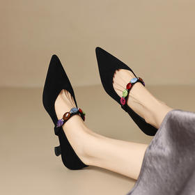 【预售5天】羊反皮法式晚风尖头浅口低跟玛丽珍单鞋v口女秋季新款真皮瓢鞋YS&0358