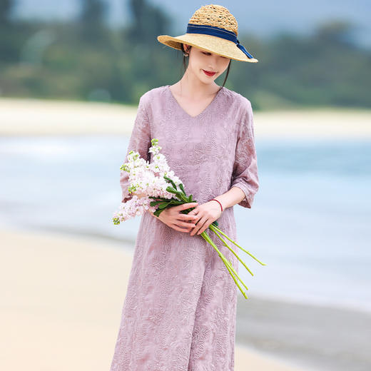 丁摩 纯棉原创重工刺绣V领连衣裙七分袖文艺复古宽松中长A字裙S505 商品图2