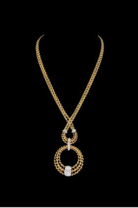 独角鹿西洋古董1985年代法国顶级珠宝世家宝诗龙Boucheron出品18K黄金及铂金镶嵌钻石双链吊坠造型编织纹理项链