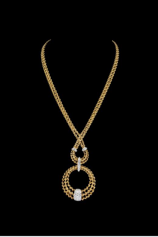 独角鹿西洋古董1985年代法国顶级珠宝世家宝诗龙Boucheron出品18K黄金及铂金镶嵌钻石双链吊坠造型编织纹理项链 商品图0