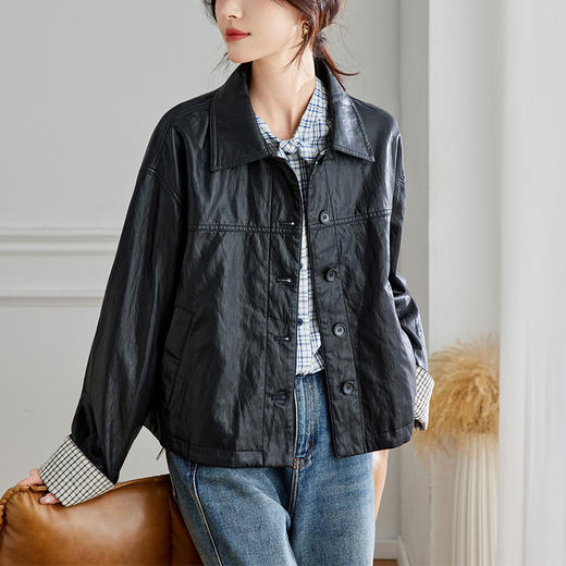 馥迦摩登通勤格子袖休闲翻领皮衣外套 商品图5