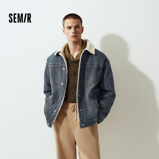 森马牛仔外套男冬季棉服2025新款街头复古做旧仿羊羔毛翻领夹克潮 商品图0