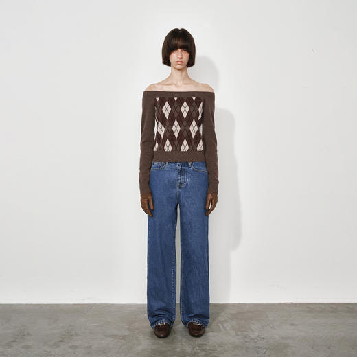 1.15上午10点8.8折！NUTH美利奴羊毛格纹撞色长袖一字领露肩短款针织毛衣女 商品图5