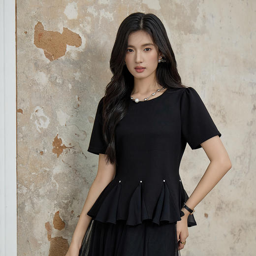 奢姿大码女装2026夏季减龄钻饰荷叶边拼接T恤胖妹妹时尚百搭上衣 商品图2