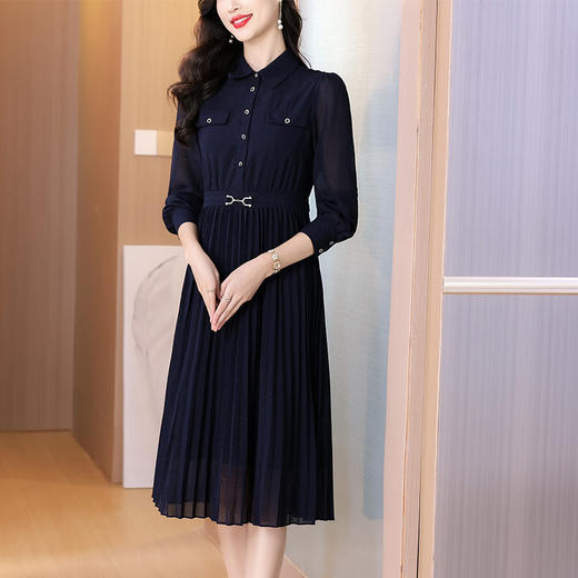 AHM bynz6606气质通勤衬衫领连衣裙显瘦中长款百褶裙 商品图1