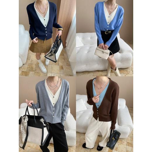 雀说层次感美学小众设计感撞色假两件V领显瘦针织开衫ALSN7886 商品图1