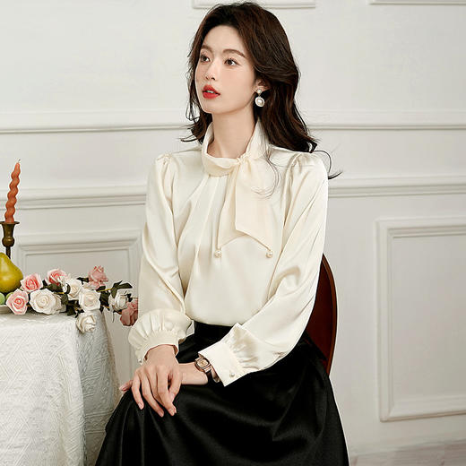 AHM hxe1514法式温柔领口蝴蝶结衬衫复古垂感通勤上衣 商品图1