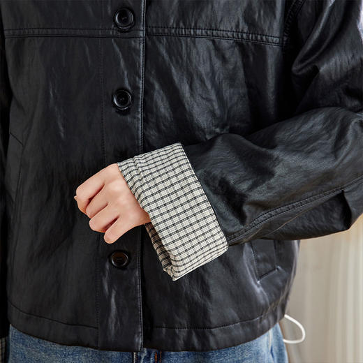 馥迦摩登通勤格子袖休闲翻领皮衣外套 商品图8