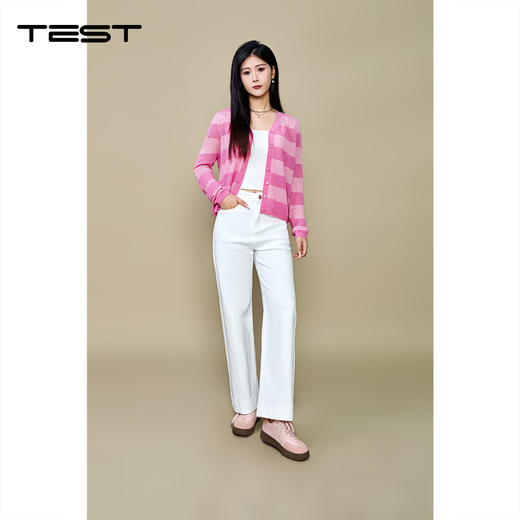 秋上新粉白条纹长袖V领单排扣针织开衫253097 商品图1