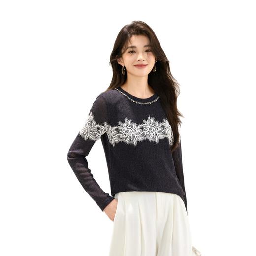 「自」全新升级【铂金会员165/天猫219/差价54】(13624)洛诗琳韩系圆领蕾丝拼接上衣2025秋季新款气质钉珠打底衫 商品图4