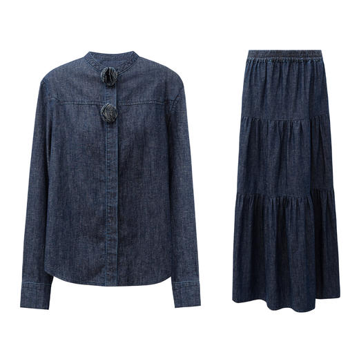 SELFWHO棉麻原蓝色复古牛仔衬衫女2025秋新款立体书页球装饰上衣 商品图3