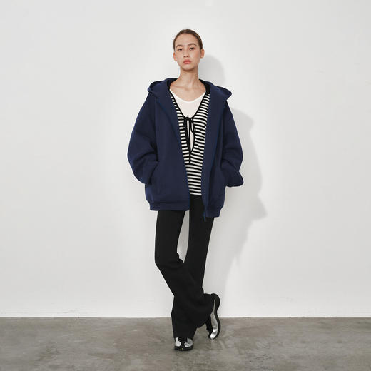 NUTH宽松廓形中长款连帽拉链卫衣外套女 藏蓝色/花灰色/深棕色 商品图5