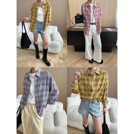 雀说早秋新款 美式彩色纽扣设计感宽松全棉格纹长袖衬衫ALSN7708 商品图1