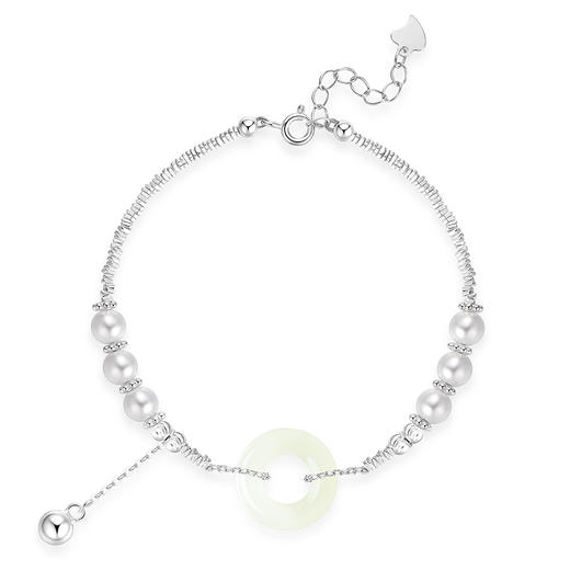 卡蒂罗KADER 碎银平安扣手链 925银新中式碎银几两铃铛流苏一步一响岁岁平安轻奢精致小众简约设计拼接链 青白玉 女款 商品图1