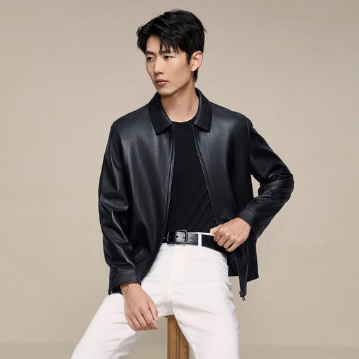 【绵羊皮/满身压花】皮夹克外套男秋季商务休闲黑色翻领皮衣潮流129J70310 商品图1