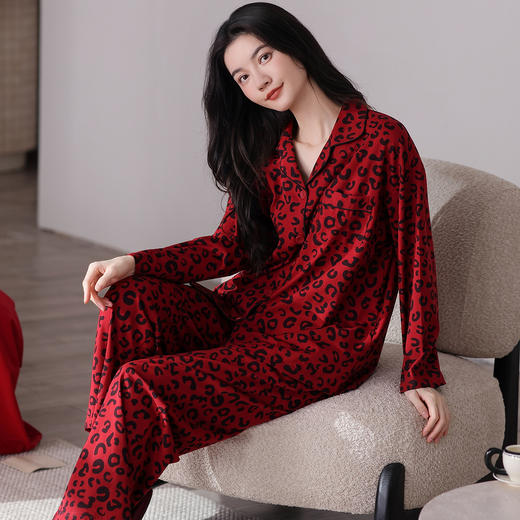 雀说 纯棉红色睡衣女春秋季长袖长裤家居服两件套 商品图2