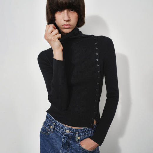 NUTH美利奴羊毛黑色高领修身薄款斜门襟长袖针织打底衫女 商品图7