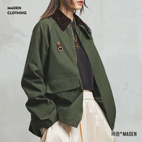 马登美式拼接灯芯绒钓鱼夹克复古翻领休闲猎装外套工装上衣秋季女