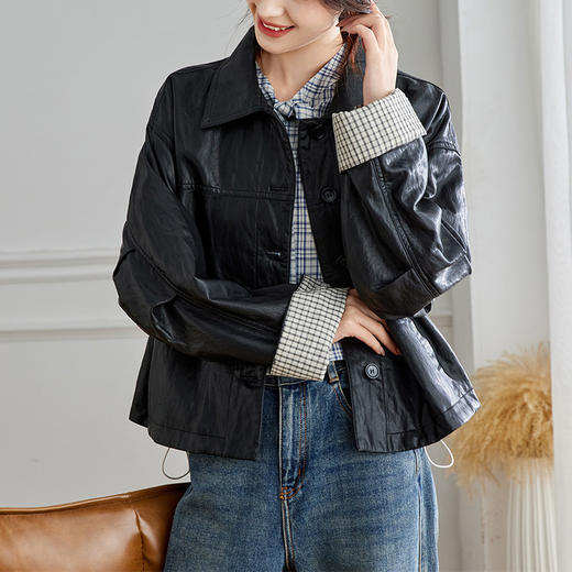 馥迦摩登通勤格子袖休闲翻领皮衣外套 商品图3