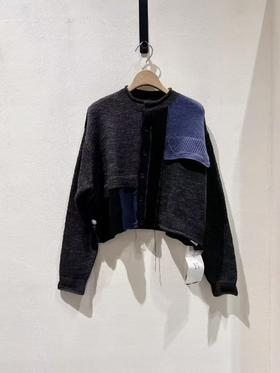 女款圆领拼接针织开衫毛衣