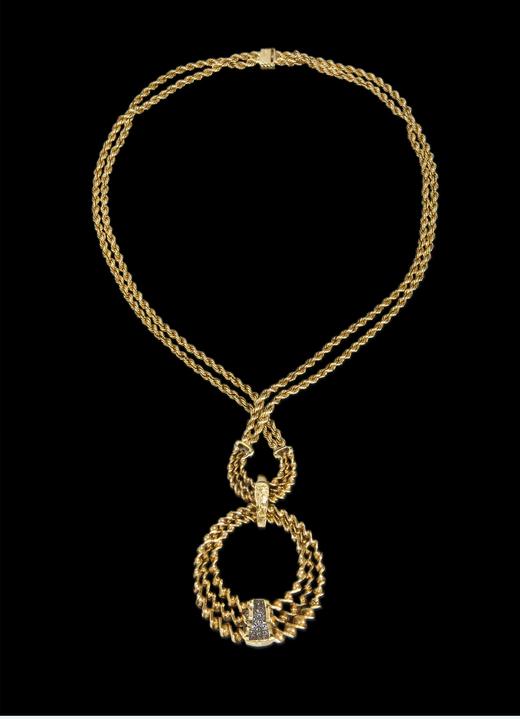 独角鹿西洋古董1985年代法国顶级珠宝世家宝诗龙Boucheron出品18K黄金及铂金镶嵌钻石双链吊坠造型编织纹理项链 商品图2