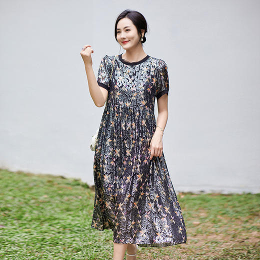 丁摩 立体印花真丝连衣裙中长款90369 商品图2